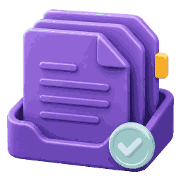 A reviewed violet document stack with a mint approval check.